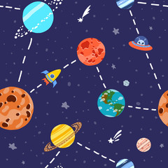 Naklejka premium Cosmic fabric for kids. Bright childish tile. 