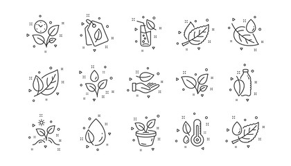 Leaf, Growing plant and Humidity thermometer. Plants line icons. Water drop linear icon set. Geometric elements. Quality signs set. Vector