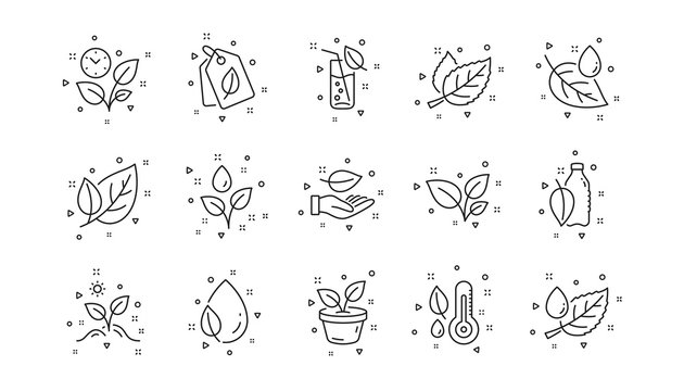 Leaf, Growing Plant And Humidity Thermometer. Plants Line Icons. Water Drop Linear Icon Set. Geometric Elements. Quality Signs Set. Vector