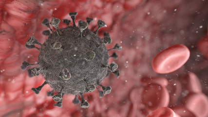 Chinese coronavirus fever COVID-19 in blood under the microscope. Medical health risk dangerous flu pandemic. Medical science background.