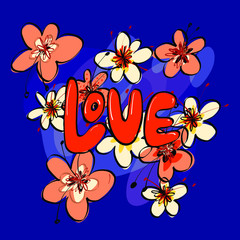 Love handwritten lettering on white background and flowers. Vector hand drawn illustration. Postcard and invitation card. Happy Valentine’s Day.