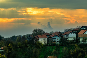Aerial view of downtown Zenica at sunset, Bosnia. City photographed by drone, traffic and objects , landscape