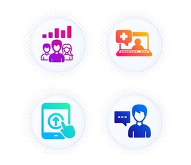 Medical help, Teamwork results and Swipe up icons simple set. Button with halftone dots. Person talk sign. Medicine laptop, Group work, Scrolling screen. Communication message. People set. Vector