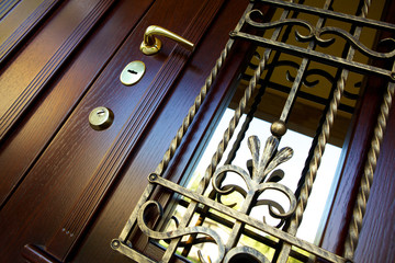 Luxury wooden door with forged metal grate isolated on white background. Plastic door.