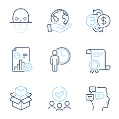 Messages, Bitcoin exchange and Waiting line icons set. Diploma certificate, save planet, group of people. Report, Face recognition and Packing boxes signs. Vector