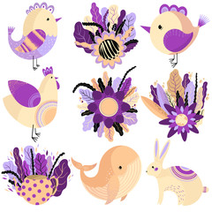 Vector set with cartoon animals- bunny, chicken, sparrow, whale, birds and bouquet of flowers. Funny animals series. Hand drawn stickers. Illustration. Print