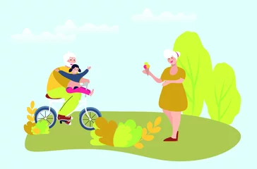 Fotobehang Set of active lifestyle pensioners. Old people walk in the park and on a bike.   Elderly with grandchildren. Grandfather and grandmother characters. Vector  curtoon illustration. © Dikaya
