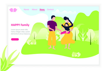 Obraz na płótnie Canvas Happy family playing in the nature on a sunny day.Walking with kids in nature. Cartoon Flat Vector Illustration.Banner, poster, landing page, card family day. 