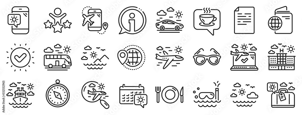 Wall mural passport, luggage, check in airport icons. travel line icons. airplane flight, sunglasses, hotel bui