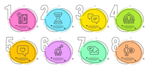 Parking payment, Group and Love message signs. Timeline steps infographic. Dots message, Cogwheel and Brand ambassador line icons set. Time, New mail symbols. Chat bubble, Engineering tool. Vector