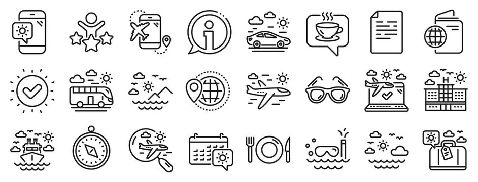 Passport, Luggage, Check in airport icons. Travel line icons. Airplane flight, Sunglasses, Hotel building. Passport check in document, Sea diving. Restaurant hotel food, luggage travel. Vector