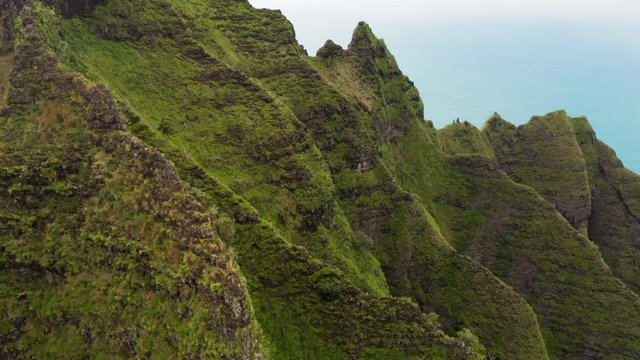 Na Pali Coast State park. Fantastic tropical relief top down view. Rocky folds of volcanic formations stretch down forming deep narrow ravine totally covered with greenery. Aerial, 4K