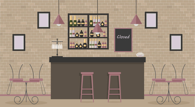 Cafe in the loft style is closed during epidemic of virus: against a brick wall there are tables with chairs overturned on them.The concept of stopping business during a pandemic.Vector illustration