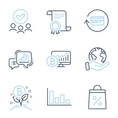 Refund commission, Bitcoin project and Bitcoin chart line icons set. Diploma certificate, save planet, group of people. Graph chart, Histogram and Shopping bag signs. Vector