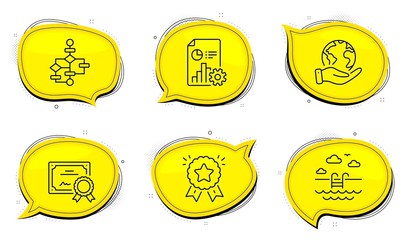 Report sign. Diploma certificate, save planet chat bubbles. Swimming pool, Block diagram and Ranking star line icons set. Basin, Algorithm path, Winner medal. Presentation document. Vector