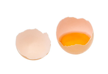Broken egg isolated on a white background. half broken egg with yolk. Top view.