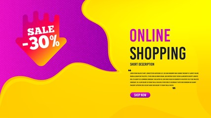 Sale 30 percent off badge. Discount banner template. Discount banner shape. Coupon arrow icon. Creative speech bubble with special offer. Online shopping concept with quotes and button. Vector