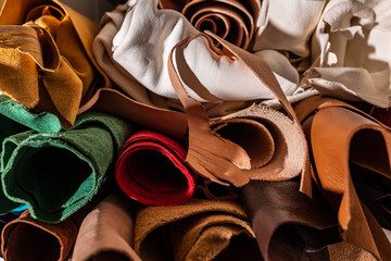 Colorful Leather samples, leatherwork tools, craftstmans tools, leather