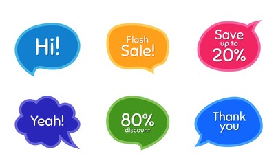 Save up to 20%, 80% discount and flash sale. Colorful chat bubbles. Thank you phrase. Sale shopping text. Chat messages with phrases. Texting thought bubbles. Vector