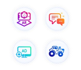 Seo adblock, Augmented reality and Employees messenger icons simple set. Button with halftone dots. Tractor sign. Search engine, Phone simulation, Speech bubble. Farm transport. Technology set. Vector