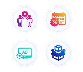 Seo adblock, Employees teamwork and Calendar discounts icons simple set. Button with halftone dots. Packing boxes sign. Search engine, Collaboration, Shopping. Delivery package. Business set. Vector