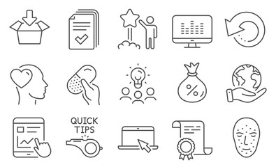 Set of Business icons, such as Handout, Capsule pill. Diploma, ideas, save planet. Portable computer, Music making, Star. Tutorials, Loan, Friend. Internet report, Get box, Face biometrics. Vector