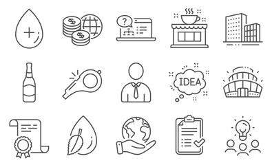 Fototapeta premium Set of Business icons, such as Oil serum, Water drop. Diploma, ideas, save planet. Online help, Beer bottle, Arena stadium. World money, Whistle, Coffee shop. Buildings, Idea, Human. Vector