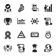 Set of Education icons, such as Pyramid chart, Trade infochart. Certificate, approved group, save planet. Winner, Graph chart, Student. Time, Manual doc, Music phone. Vector