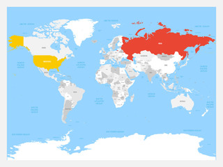 United States and Russia highlighted on political map of World. Vector illustration