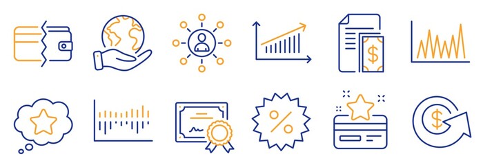 Set of Finance icons, such as Payment, Column diagram. Certificate, save planet. Dollar exchange, Loyalty card, Payment methods. Loyalty star, Line graph, Chart. Vector