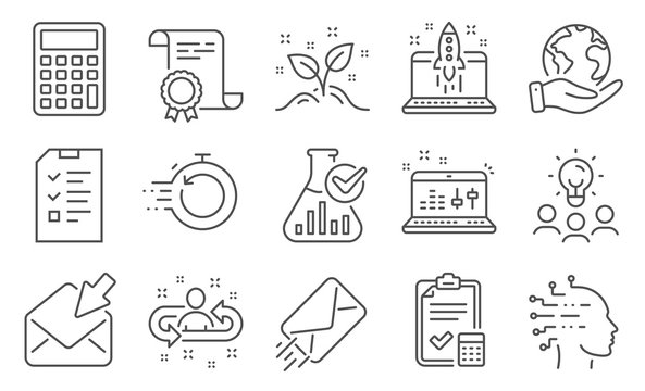 Set of Education icons, such as Interview, Fast recovery. Diploma, ideas, save planet. Artificial intelligence, Accounting checklist, Startup concept. Chemistry lab, Start business, Open mail. Vector - Powered by Adobe