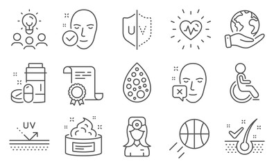 Set of Healthcare icons, such as Uv protection, Uv protection. Diploma, ideas, save planet. Health skin, Face declined, Oculist doctor. Medical drugs, Heartbeat, Anti-dandruff flakes. Vector