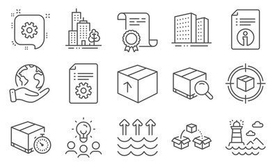 Set of Industrial icons, such as Skyscraper buildings, Technical info. Diploma, ideas, save planet. Package, Parcel shipping, Evaporation. Technical documentation, Cogwheel, Search package. Vector