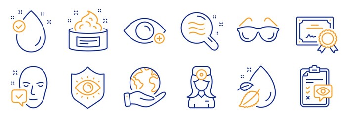 Set of Medical icons, such as Eye checklist, Eyeglasses. Certificate, save planet. Farsightedness, Oculist doctor, Face accepted. Water drop, Vitamin e, Eye protection. Vector