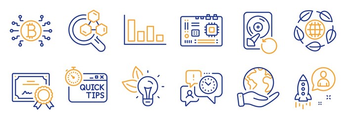 Set of Science icons, such as Startup, Bitcoin system. Certificate, save planet. Chemistry lab, Motherboard, Eco organic. Eco energy, Time management, Recovery hdd. Vector