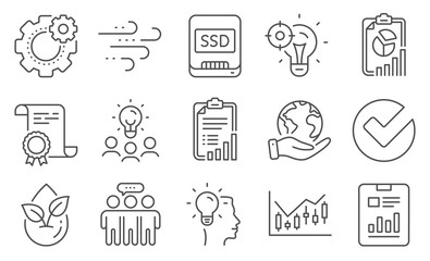 Set of Science icons, such as Verify, Checklist. Diploma, ideas, save planet. Organic product, Seo idea, Windy weather. Cogwheel, Idea, Report document. Vector