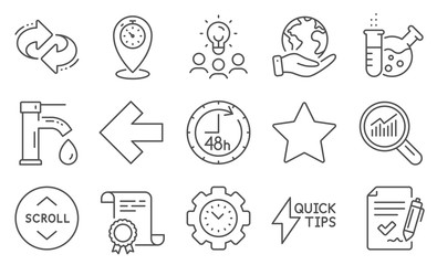 Set of Technology icons, such as Approved agreement, Refresh. Diploma, ideas, save planet. Time management, Scroll down, Left arrow. Quickstart guide, 48 hours, Tap water. Vector