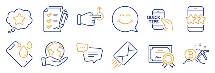 Set of Technology icons, such as Text message, E-mail. Certificate, save planet. Loyalty star, Survey checklist, Star. Education, Drag drop, Smile face. Vector