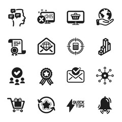Set of Technology icons, such as Web mail, Shopping cart. Certificate, approved group, save planet. Web shop, Clock bell, Multichannel. 3d chart, Quickstart guide, Messages. Vector