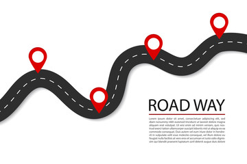 Flat road with pins.Highway for route of journey on isolated background. Asphalt street for infographic. Design traffic trip template. Winding street with points banner. Design vector illustration. - obrazy, fototapety, plakaty