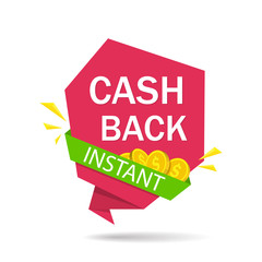 Money cash back label. Refund finanse badge. Cashback banner with golden coins. Financial emblem on isolated background. Saving revenue ribbon. Payment warranty. Return pay for customer. Flat vector.