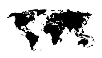 Obraz premium Black world map on white background. Europe, asia, south america, north america, australia, africa silhouette continent. Cartography for location in travel. Global geography map. vector illustration.