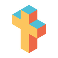 Christian cross of cubes. Retro colored. Isometric 3D vector object