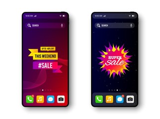 Super sale, This weekend offer. Smartphone screen banner. Discount offer elements. Mobile phone screen interface. Smartphone display promotion template. Online application banner. Vector