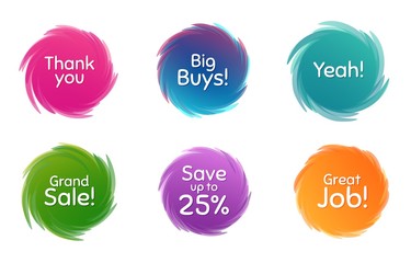 Swirl motion circles. Grand sale, 25% discount and great job. Thank you phrase. Sale shopping text. Twisting bubbles with phrases. Spiral texting boxes. Big buys slogan. Vector