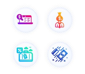 Travel loan, Online accounting and Manager icons simple set. Button with halftone dots. Payment sign. Trip discount, Web audit, Work profit. Money. Finance set. Gradient flat travel loan icon. Vector