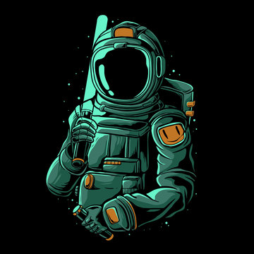 Astronaut Holding Laser Sword Vector Illustration. Trendy Astronaut Design For Sticker, T-shirt, Or Poster