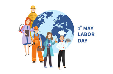 1st May Labor Day poster design with assorted professionals surrounding a world globe with text and copy space, vector illustration