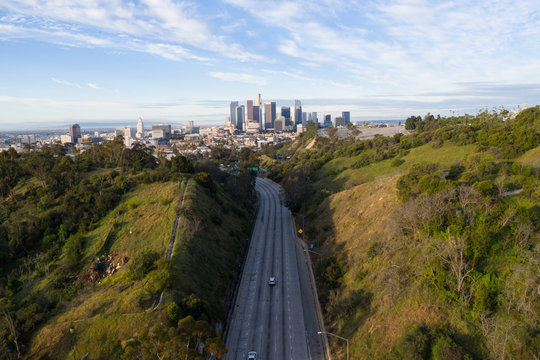 Aerial View Of Empty Freeway Streets With No People In Los Angeles California USA As Result Of  Coronavirus Pandemic Or COVID-19 Virus Outbreak And Quarantine