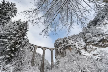 Photo sur Plexiglas Viaduc de Landwasser Le viaduc de Landwasser avec chemin de fer sans train célèbre en hiver, point de repère de la Suisse, neige, rivière et montagnes